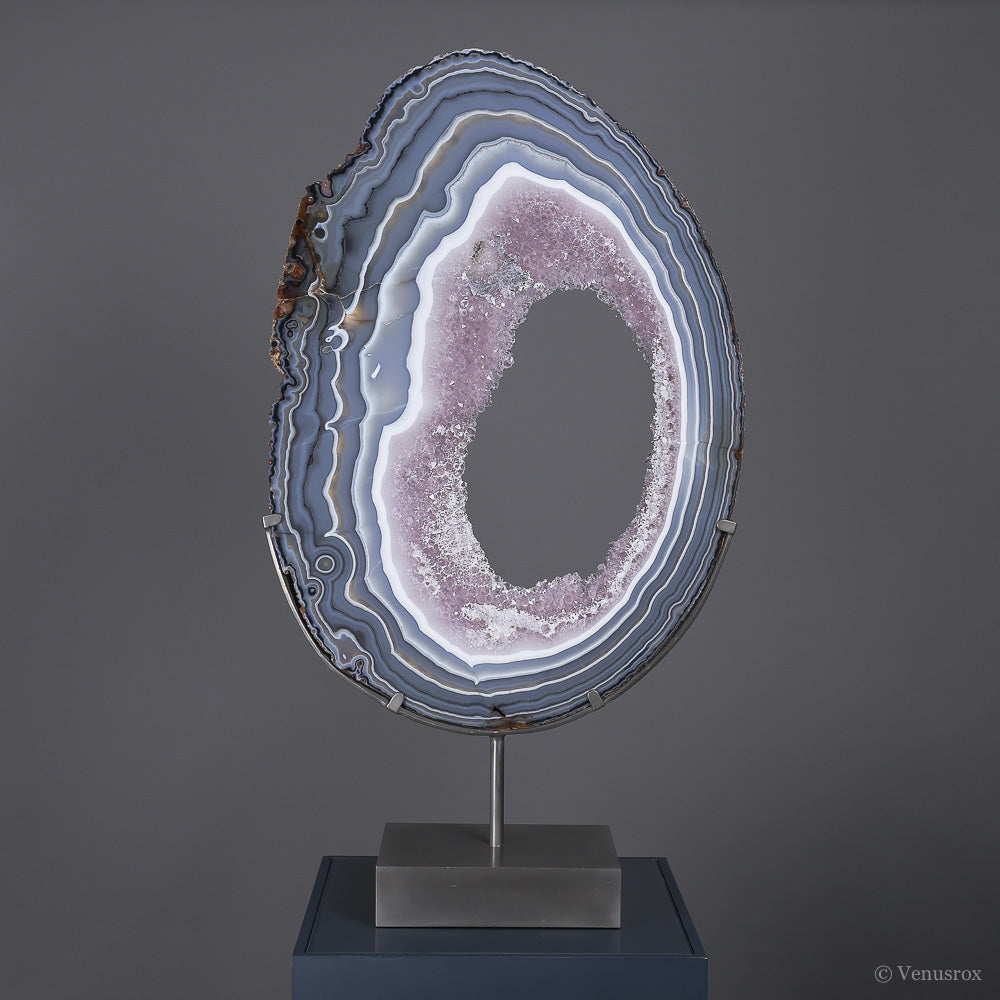 Agate with Amethyst Part Polished Formation from Brazil mounted in a bespoke stand | Venusrox