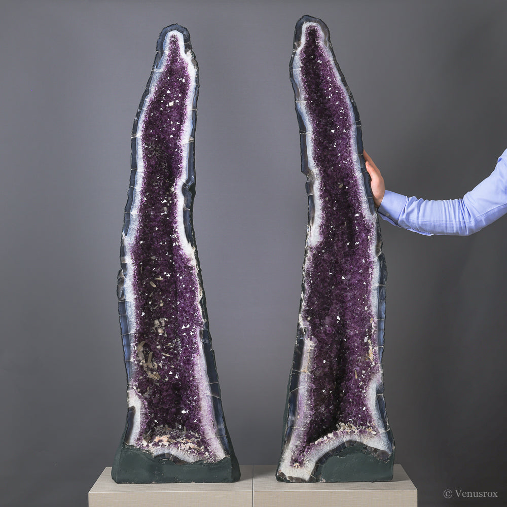 AMETHYST WITH AGATE & CALCITE GEODE PAIR - POLISHED CRYSTALS