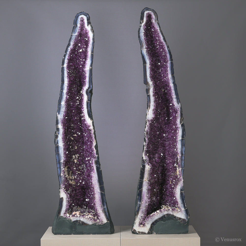 AMETHYST WITH AGATE & CALCITE GEODE PAIR - POLISHED CRYSTALS