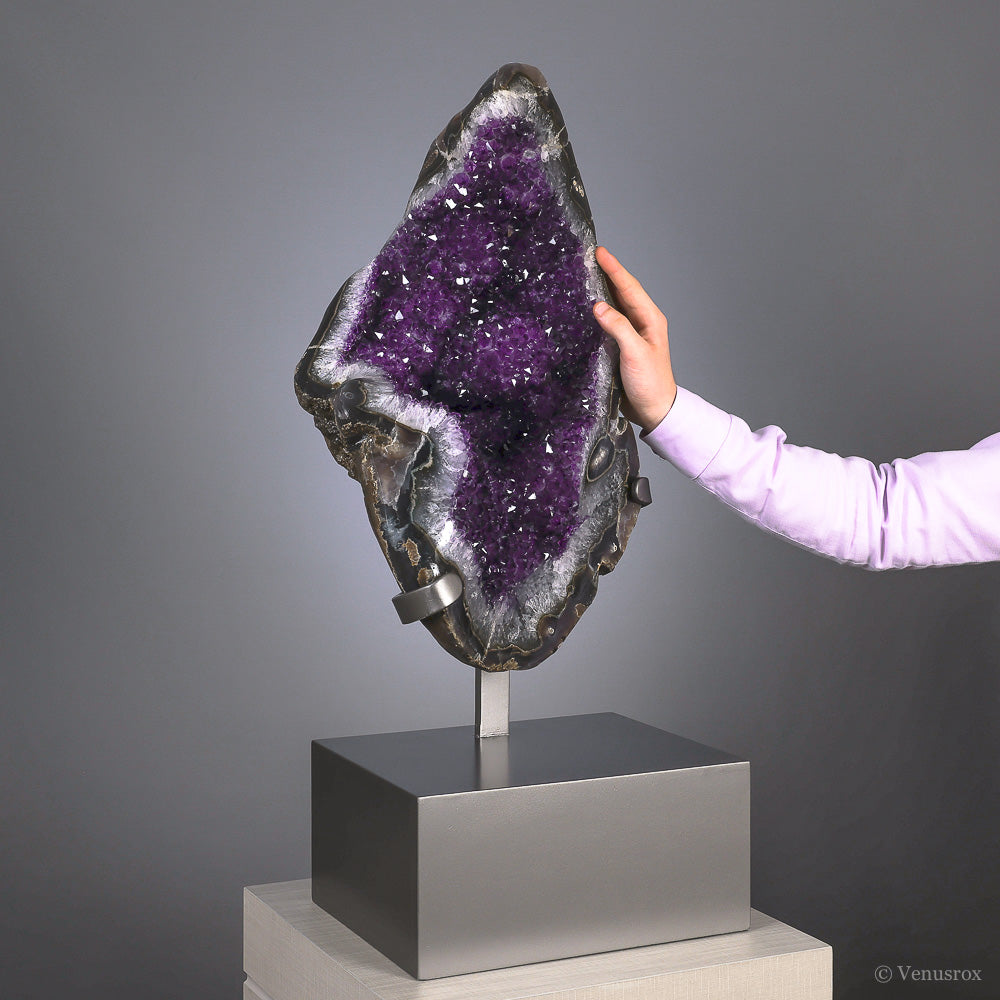 Amethyst with Agate Part Polished Crystal from Uruguay mounted on a bespoke stand | Venusrox