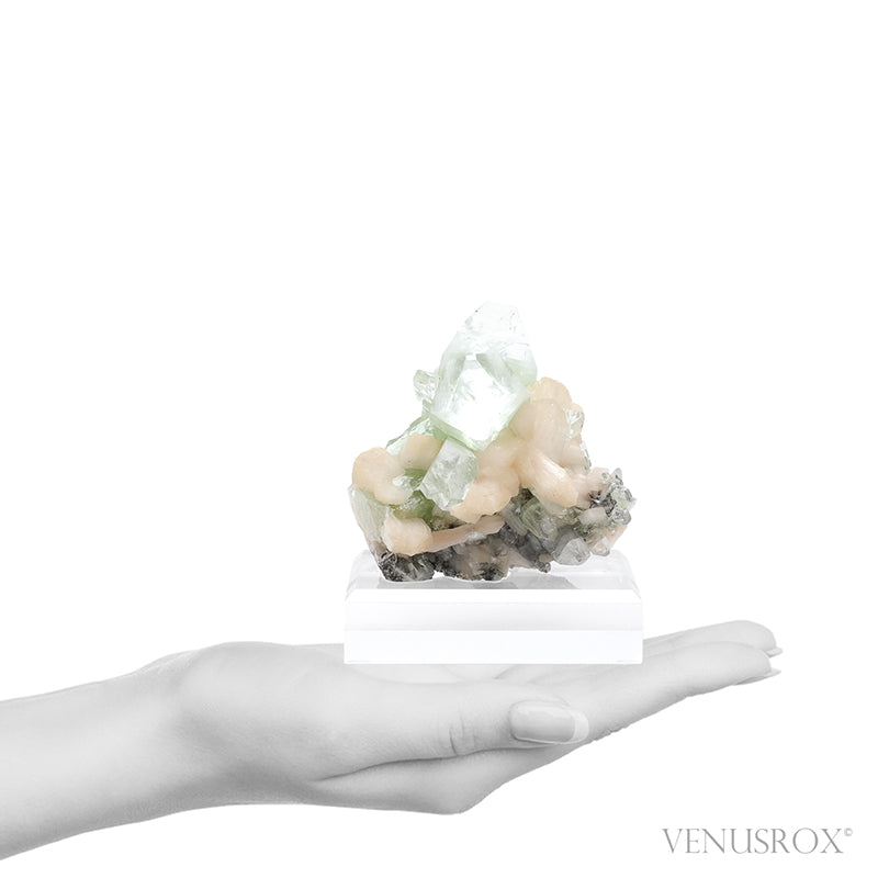 Green Apophyllite with Stilbite Natural Cluster from Jalgaon, Maharashtra, India mounted on a bespoke stand | Venusrox