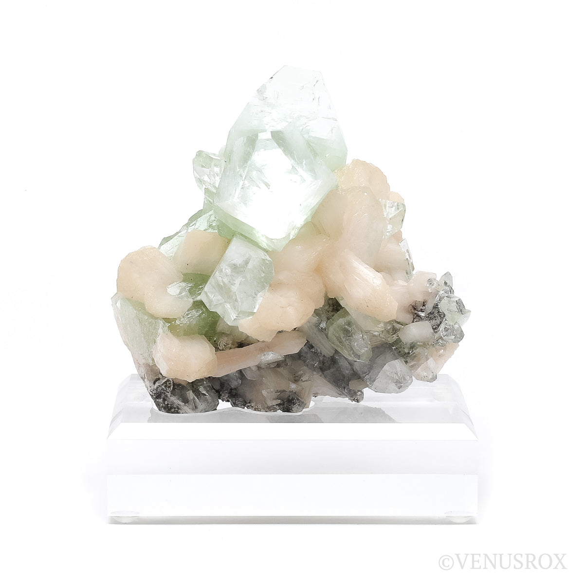 Green Apophyllite with Stilbite Natural Cluster from Jalgaon, Maharashtra, India mounted on a bespoke stand | Venusrox
