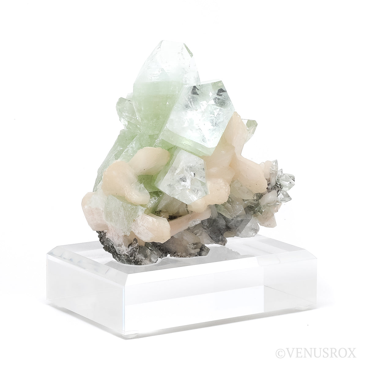 Green Apophyllite with Stilbite Natural Cluster from Jalgaon, Maharashtra, India mounted on a bespoke stand | Venusrox