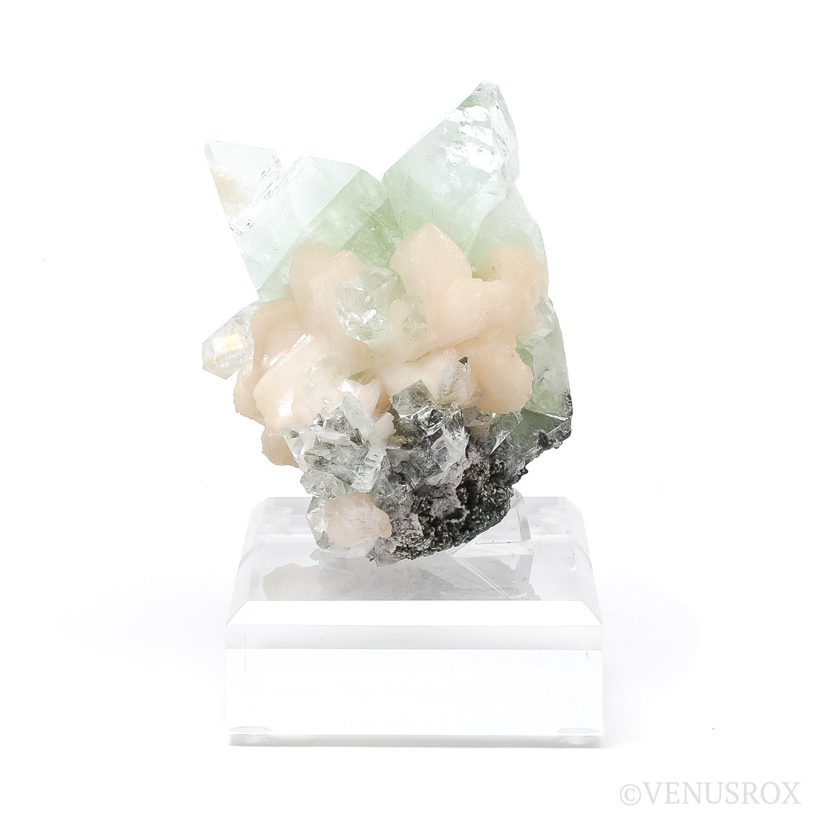 Green Apophyllite with Stilbite Natural Cluster from Jalgaon, Maharashtra, India mounted on a bespoke stand | Venusrox
