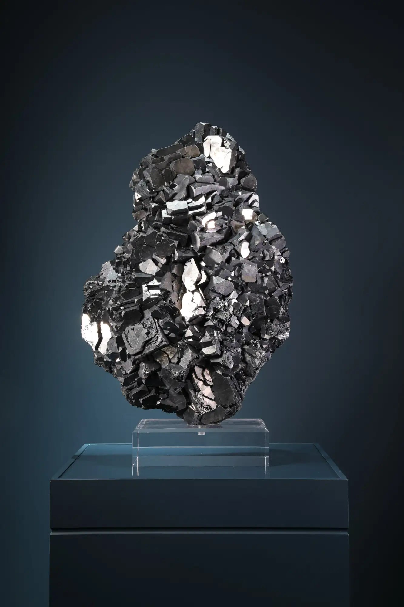 A striking black and silver metallic mineral specimen with a jagged, crystalline surface.