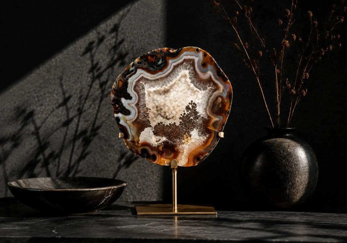 A circular, polished agate geode slice with concentric bands of amber, white, and dark brown hues displayed on a minimalist gold-colored stand.