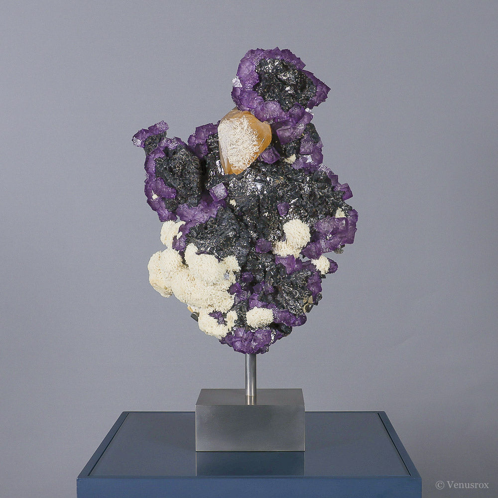 Fluorite with Stellar Beam Calcite & Barite on Sphalerite Natural Cluster from the Elmwood Mine, Tennessee, USA, mounted on a bespoke stand | Venusrox