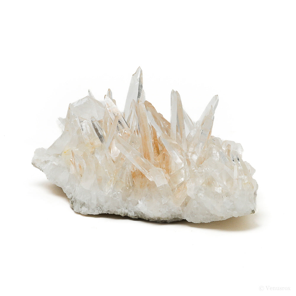 Clear Quartz with Iron Oxide Coating Natural Cluster from the Santander Province, Colombia mounted on a bespoke stand | Venusrox