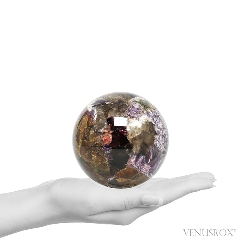 Pink/Red/Yellow Tourmaline with Albite, Smoky Quartz & Lepidolite Sphere from Malhan Mountains, Chyta Region, Russia | Venusrox