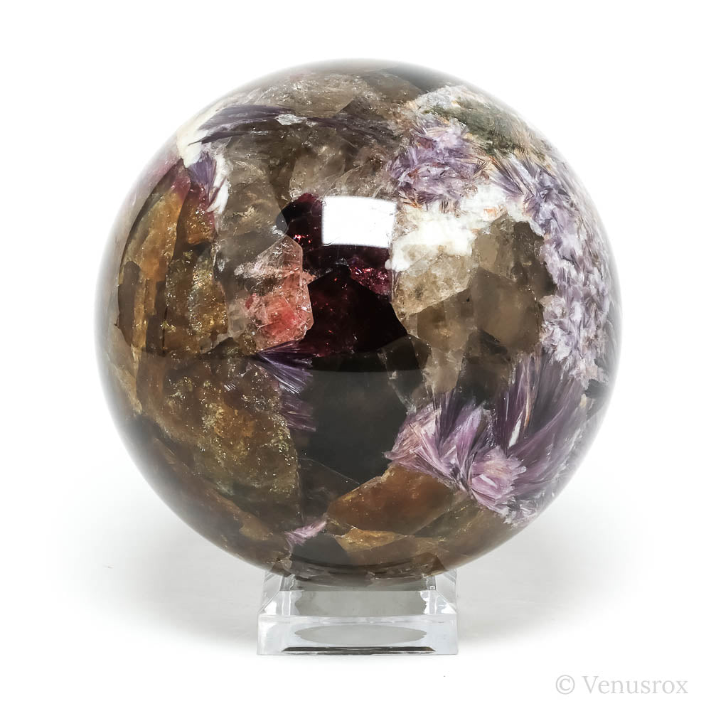 Pink/Red/Yellow Tourmaline with Albite, Smoky Quartz & Lepidolite Sphere from Malhan Mountains, Chyta Region, Russia | Venusrox