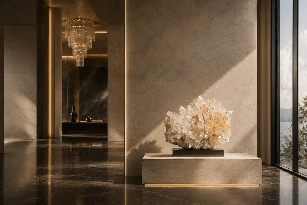A translucent, crystalline geode sculpture with a cluster of clear and golden-hued quartz formations rests on a minimalist concrete pedestal.