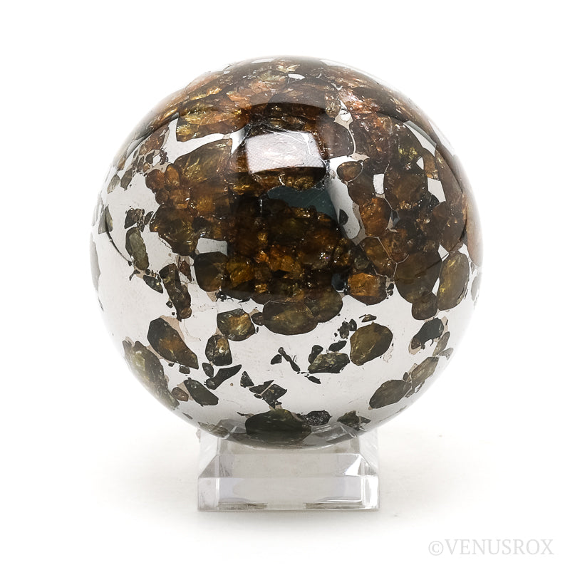 Seymchan Pallasite Meteorite Polished Sphere from the Hekandue River, Jasačnaja, Magadan District, Russia | Venusrox