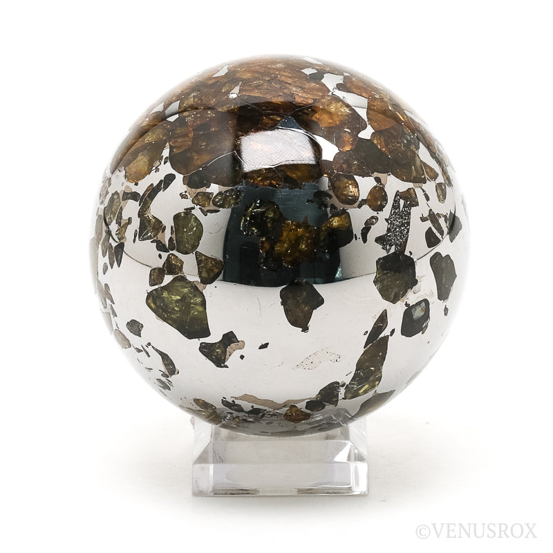 Seymchan Pallasite Meteorite Polished Sphere from the Hekandue River, Jasačnaja, Magadan District, Russia | Venusrox