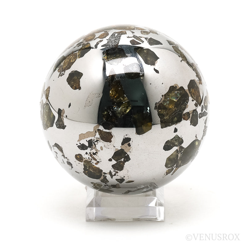 Seymchan Pallasite Meteorite Polished Sphere from the Hekandue River, Jasačnaja, Magadan District, Russia | Venusrox