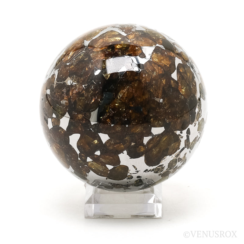 Seymchan Pallasite Meteorite Polished Sphere from the Hekandue River, Jasačnaja, Magadan District, Russia | Venusrox