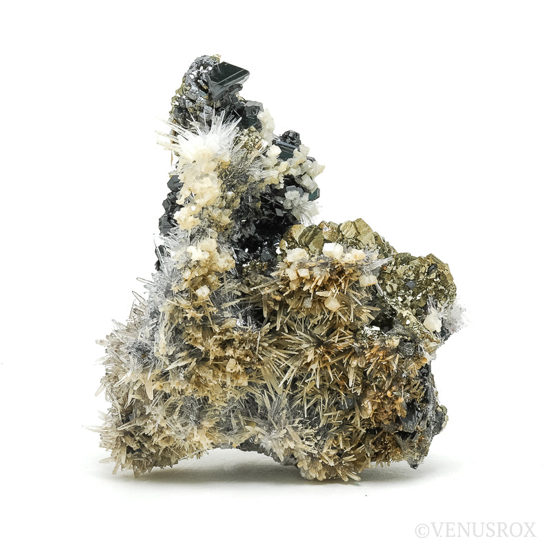 Clear Quartz, Dolomite & Chalcopyrite on Pyrite & Sphalerite Natural Cluster from the Trepča Mining Complex, Trepča Valley, Kosovska Mitrovica, Kosovska Mitrovica District, Kosovo | Venusrox