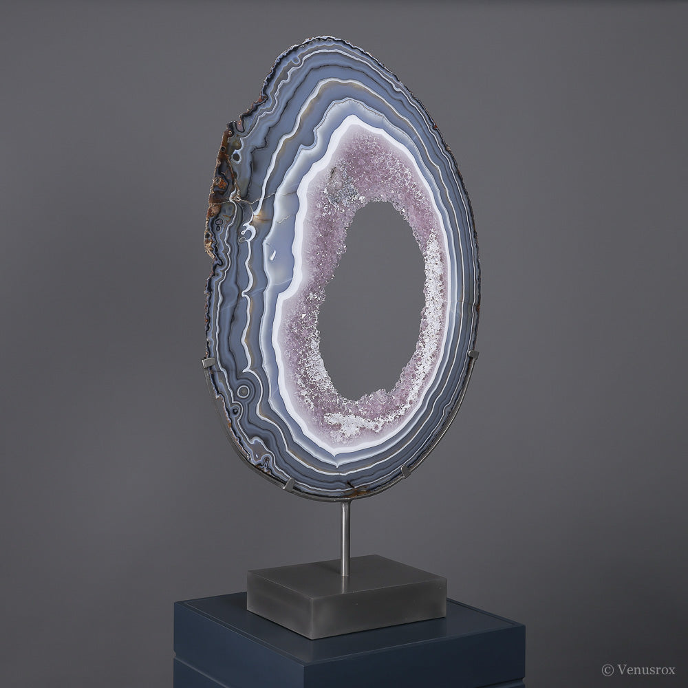Agate with Amethyst Part Polished Formation from Brazil mounted in a bespoke stand | Venusrox