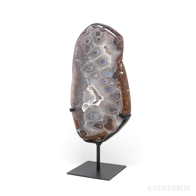 Agate with Clear Quartz Part Polished/Part Natural Slice from Brazil mounted in a bespoke stand | Venusrox