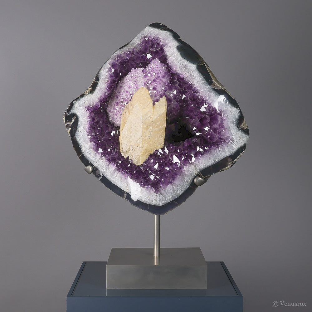Amethyst with Clear Quartz, Calcite & Agate (3rd Gen Growth) Polished/Natural Specimen from Artigas, Uruguay mounted on a bespoke stand | Venusrox