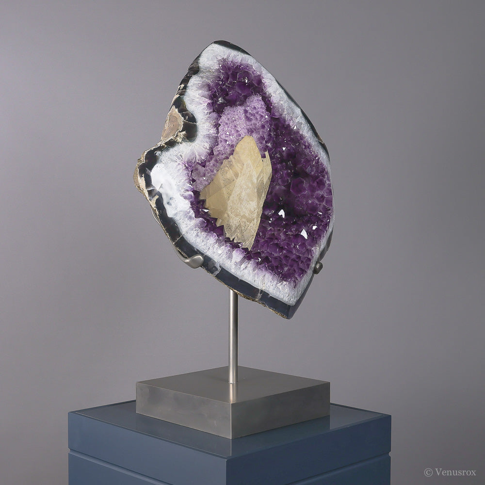 Amethyst with Clear Quartz, Calcite & Agate (3rd Gen Growth) Polished/Natural Specimen from Artigas, Uruguay mounted on a bespoke stand | Venusrox