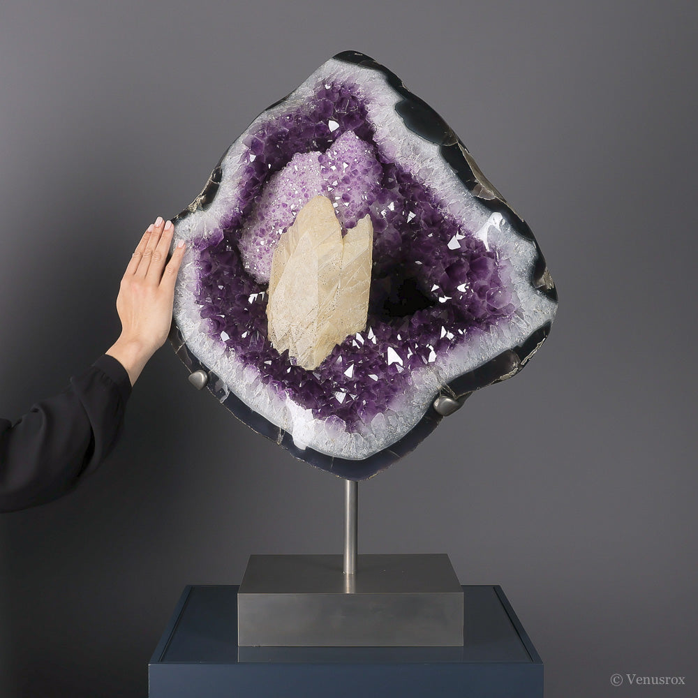 Amethyst with Clear Quartz, Calcite & Agate (3rd Gen Growth) Polished/Natural Specimen from Artigas, Uruguay mounted on a bespoke stand | Venusrox