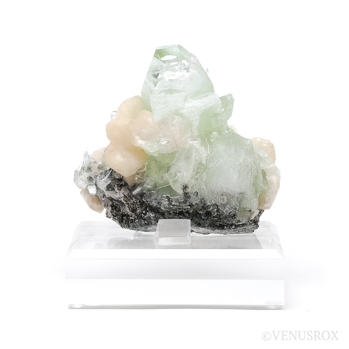 Green Apophyllite with Stilbite Natural Cluster from Jalgaon, Maharashtra, India mounted on a bespoke stand | Venusrox