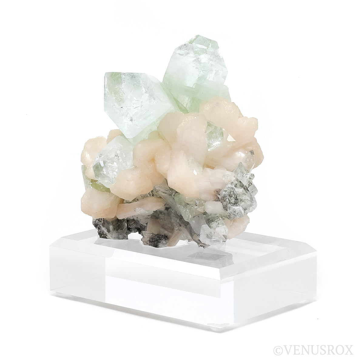 Green Apophyllite with Stilbite Natural Cluster from Jalgaon, Maharashtra, India mounted on a bespoke stand | Venusrox