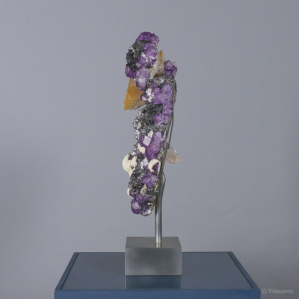 Fluorite with Stellar Beam Calcite & Barite on Sphalerite Natural Cluster from the Elmwood Mine, Tennessee, USA, mounted on a bespoke stand | Venusrox