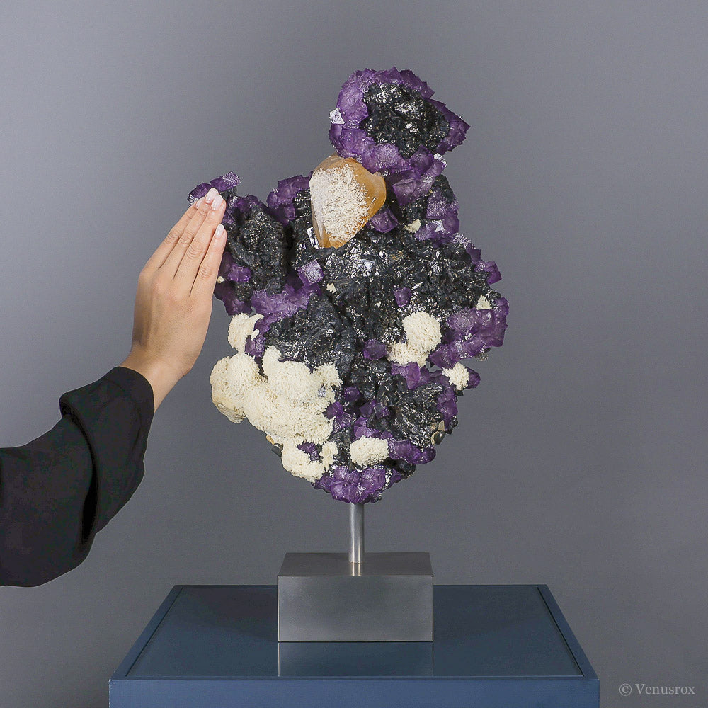 Fluorite with Stellar Beam Calcite & Barite on Sphalerite Natural Cluster from the Elmwood Mine, Tennessee, USA, mounted on a bespoke stand | Venusrox