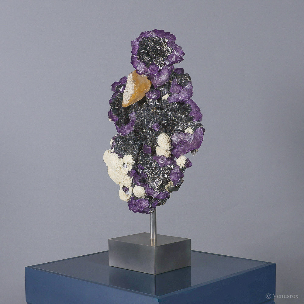 Fluorite with Stellar Beam Calcite & Barite on Sphalerite Natural Cluster from the Elmwood Mine, Tennessee, USA, mounted on a bespoke stand | Venusrox