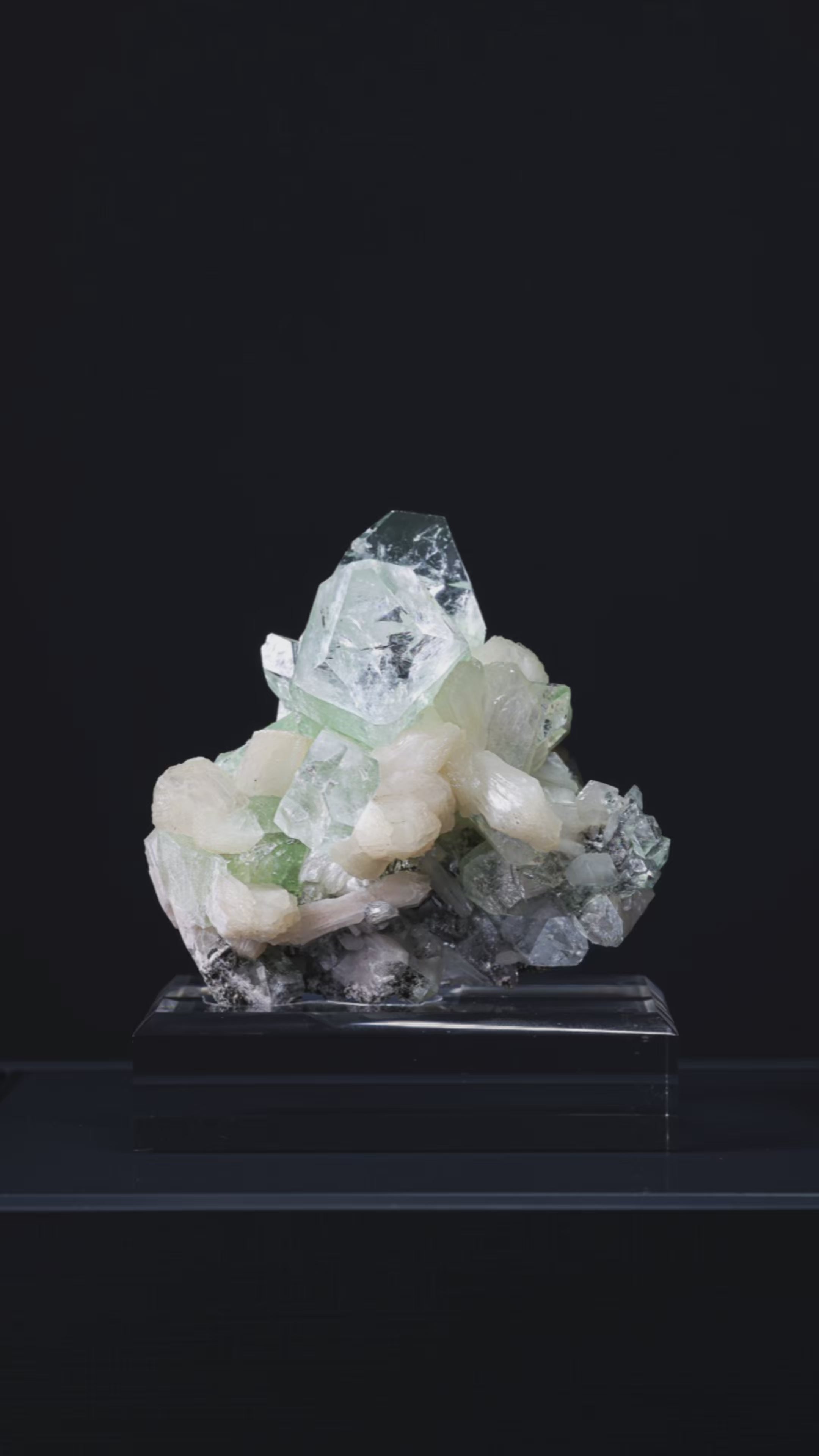 Green Apophyllite with Stilbite Natural Cluster from Jalgaon, Maharashtra, India mounted on a bespoke stand | Venusrox