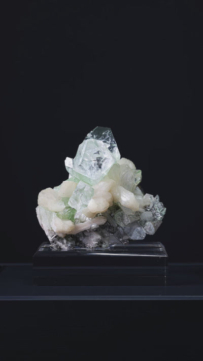 Green Apophyllite with Stilbite Natural Cluster from Jalgaon, Maharashtra, India mounted on a bespoke stand | Venusrox