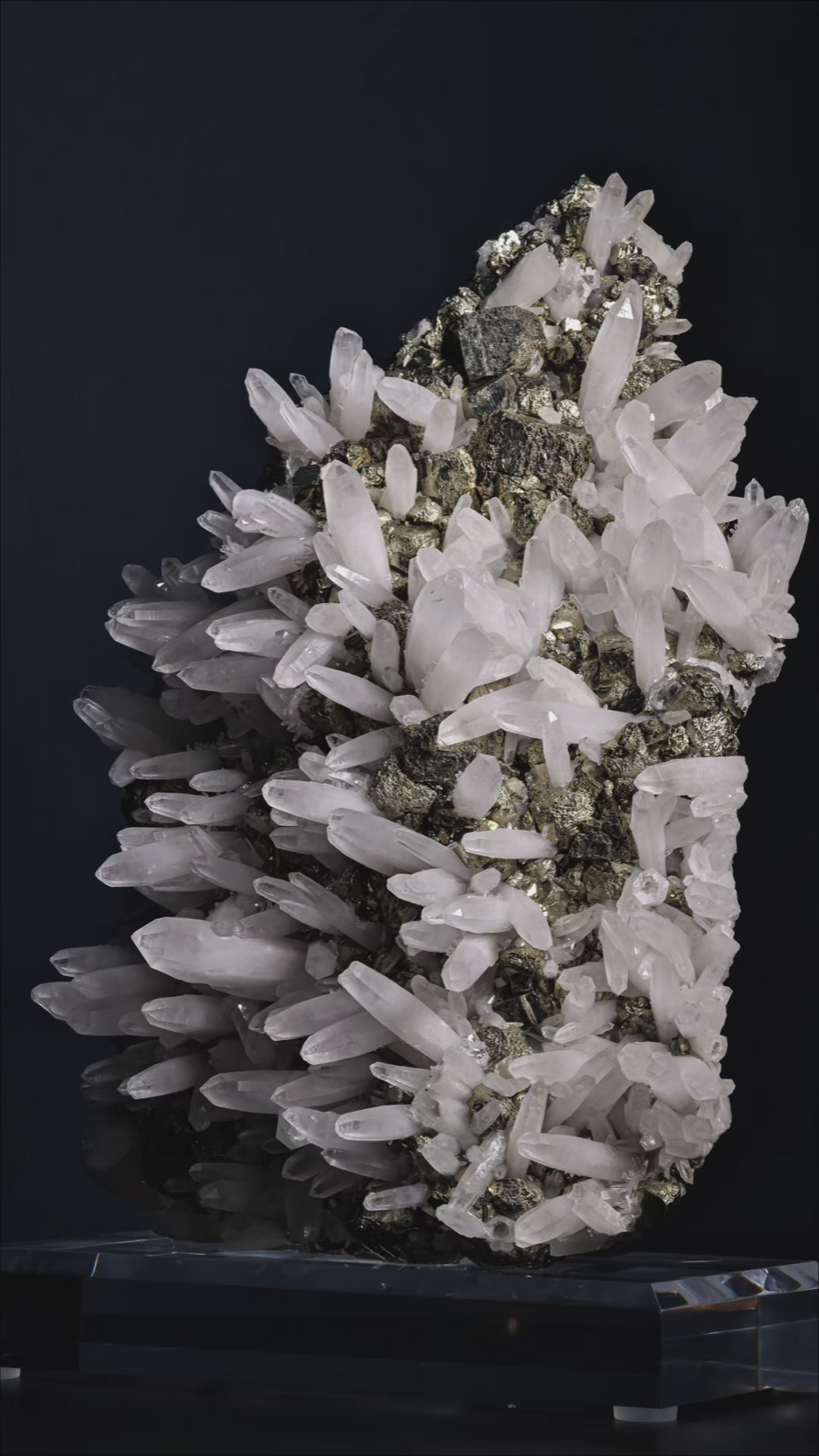 Pyrite with Clear Quartz Natural Cluster from the Huanzala Mine, Huallanca District, Huanuco Department, Peru, mounted on a bespoke stand | Venusrox
