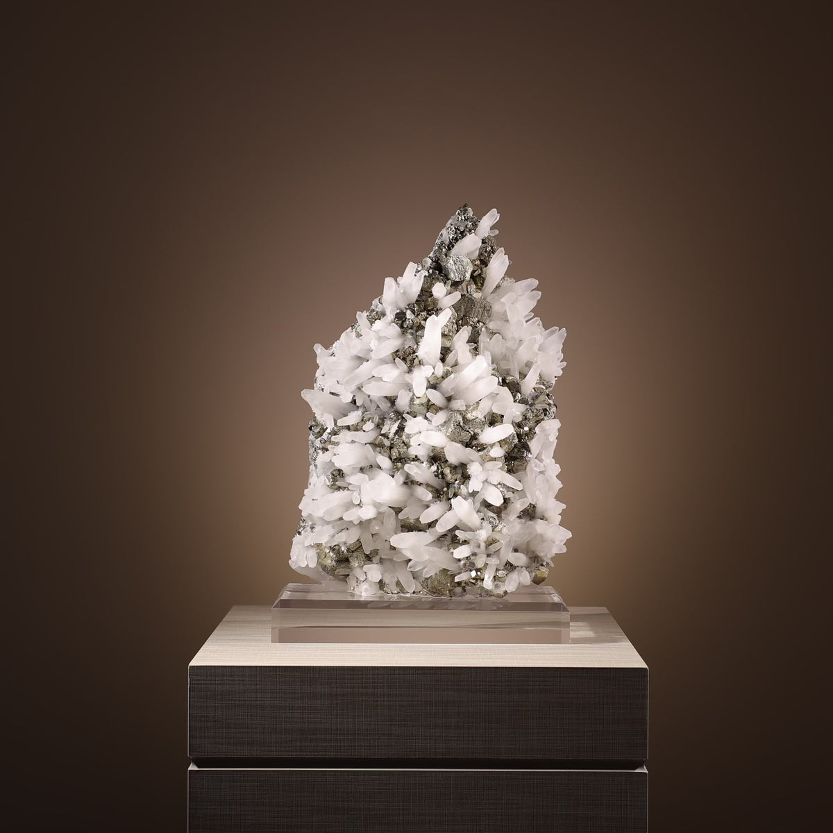 Pyrite with Clear Quartz Natural Cluster from the Huanzala Mine, Huallanca District, Huanuco Department, Peru, mounted on a bespoke stand | Venusrox