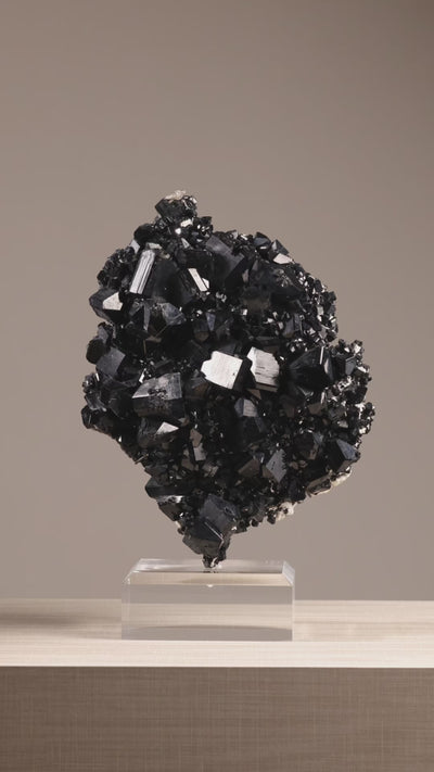 Black Tourmaline with Smoky Quartz & Hyalite Opal Natural Cluster from the Erongo Mountains, Namibia mounted on a bespoke stand | Venusrox