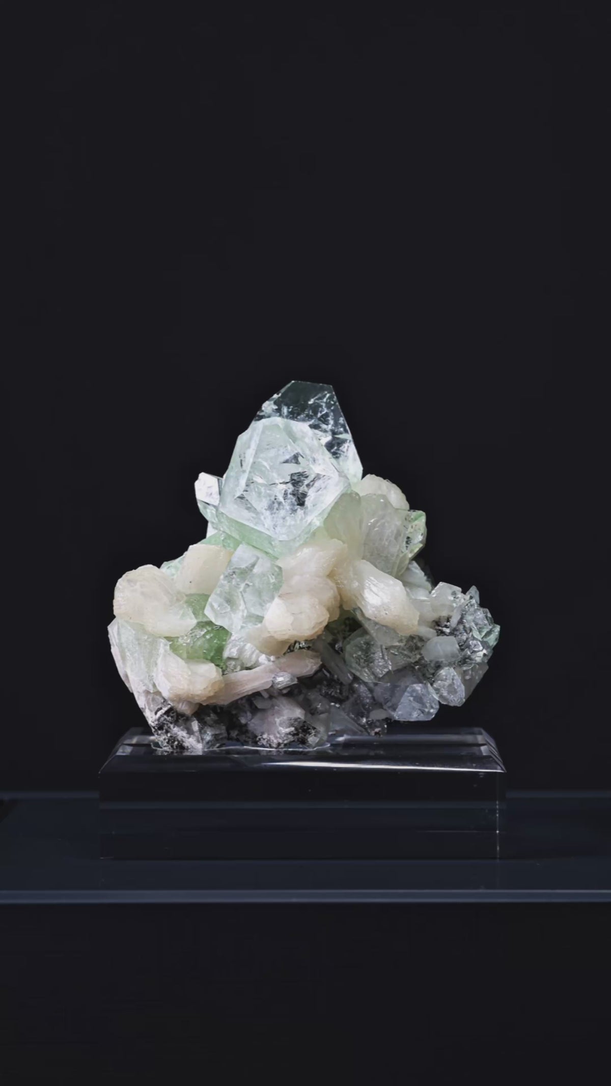 Green Apophyllite with Stilbite Natural Cluster from Jalgaon, Maharashtra, India mounted on a bespoke stand | Venusrox