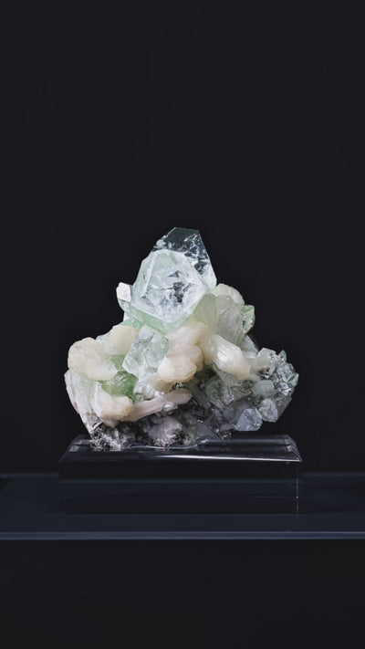 Green Apophyllite with Stilbite Natural Cluster from Jalgaon, Maharashtra, India mounted on a bespoke stand | Venusrox