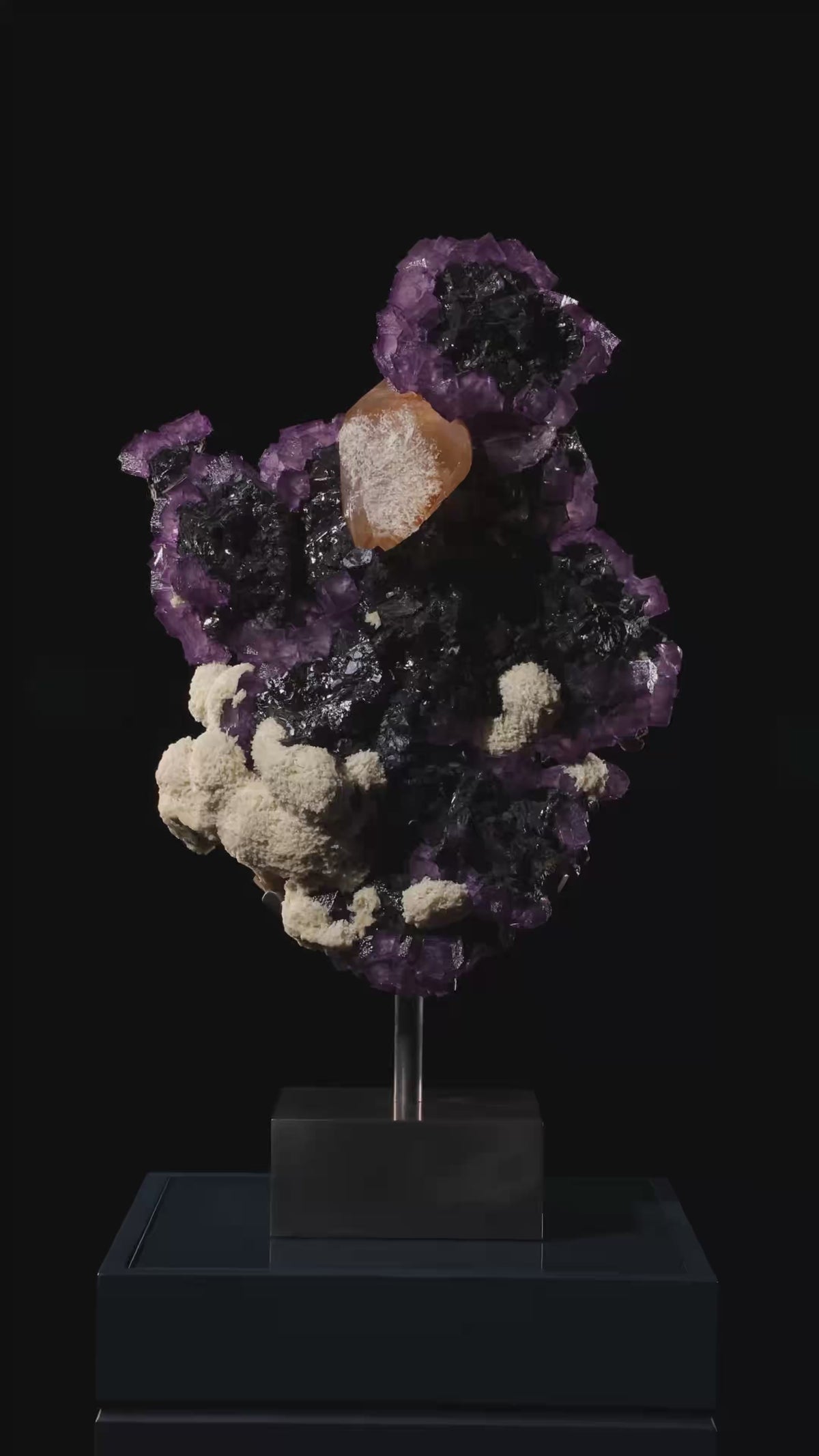 Fluorite with Stellar Beam Calcite & Barite on Sphalerite Natural Cluster from the Elmwood Mine, Tennessee, USA, mounted on a bespoke stand | Venusrox