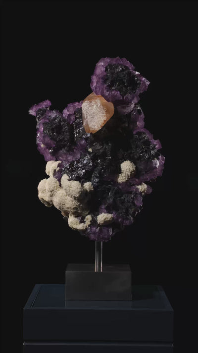 Fluorite with Stellar Beam Calcite & Barite on Sphalerite Natural Cluster from the Elmwood Mine, Tennessee, USA, mounted on a bespoke stand | Venusrox
