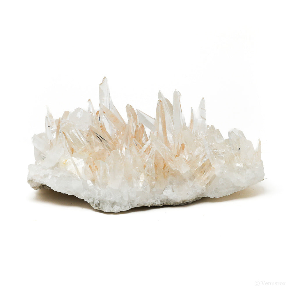 Clear Quartz with Iron Oxide Coating Natural Cluster from the Santander Province, Colombia mounted on a bespoke stand | Venusrox