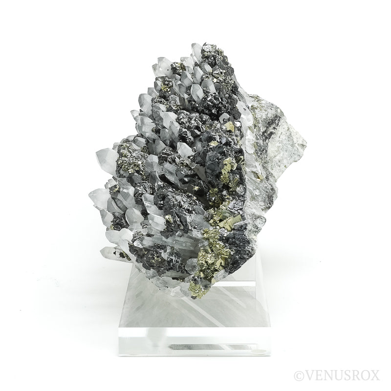 Clear Quartz with Sphalerite & Pyrite Natural Cluster from the Trepča Mining Complex, Trepča Valley, Kosovska Mitrovica, Kosovska Mitrovica District, Kosovo mounted on a bespoke stand | Venusrox