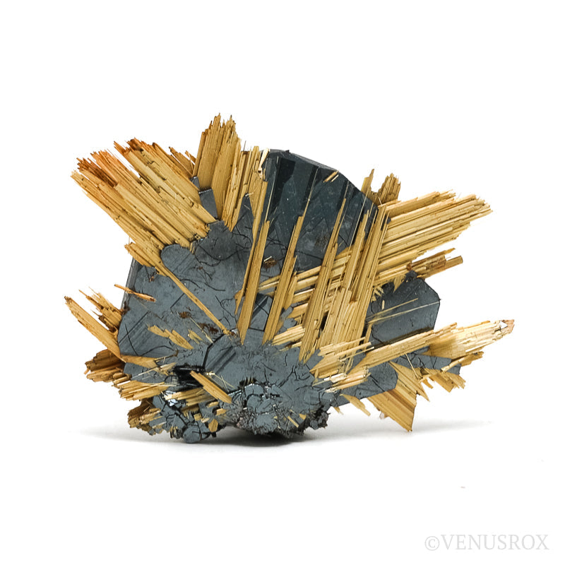 Golden Rutile on Hematite Natural Specimen from Novo Horizonte, Bahia, Brazil | Venusrox